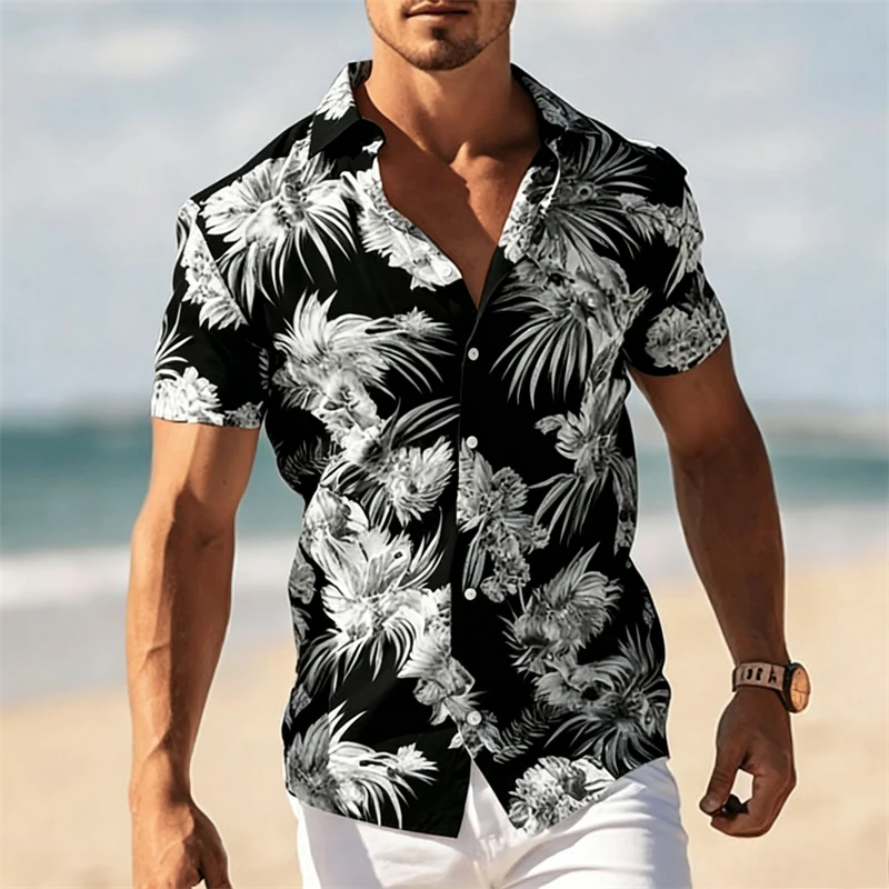Men's tropical floral print short-sleeved shirt, a cool and casual top for summer vacation, featuring a lapel and pocket design
