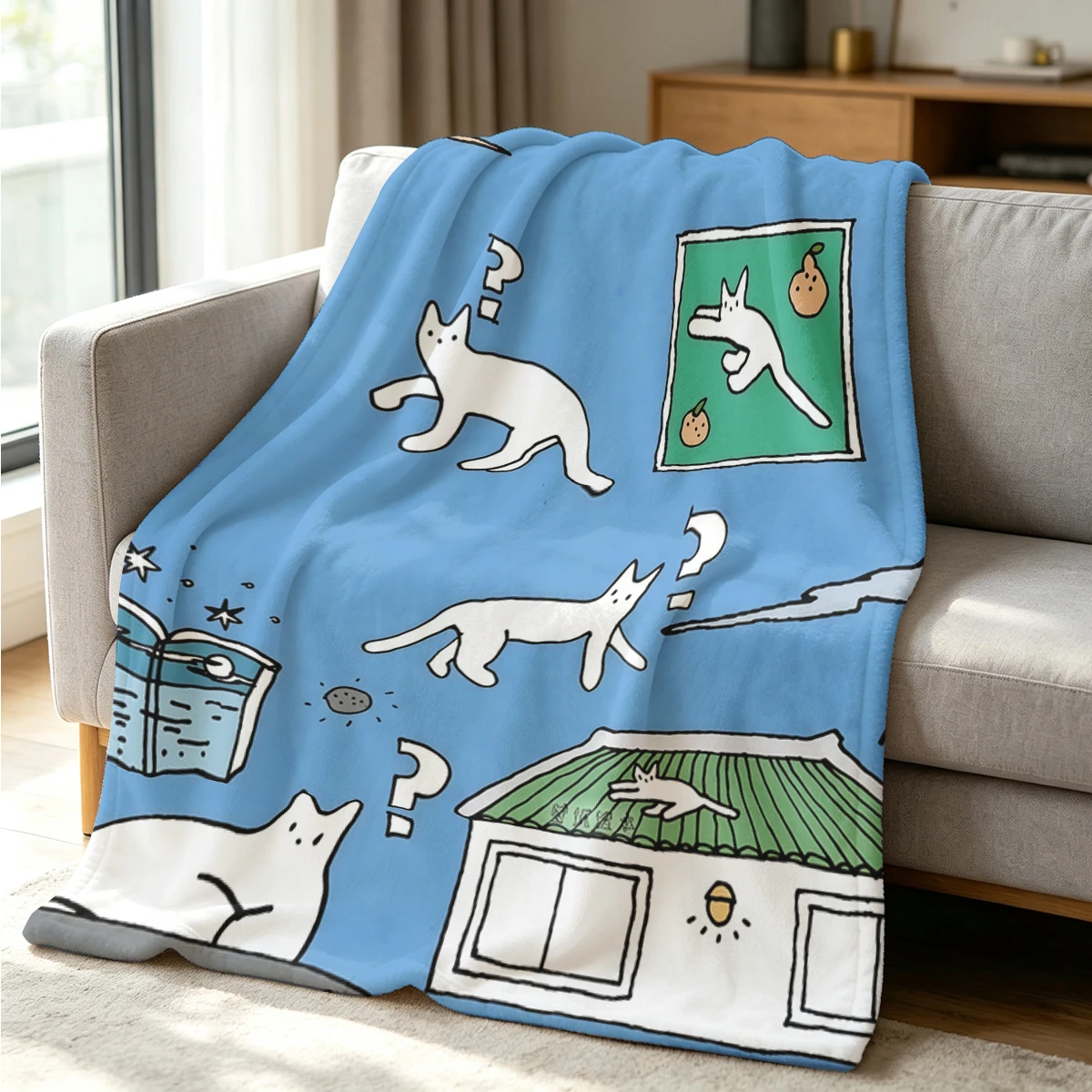Curious Cats Flannel Blanket Warm Soft Halloween Christmas Couch Warm Cozy Decorative Decor Gift for All Season