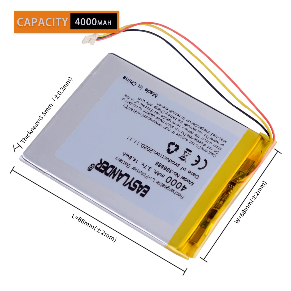 3Wires 386888   3,7 V 4000 MAH Polimerowa bateria litowo-jonowa Ror Onyx Book Ceasar 2 DARWIN 3/4/5/6 E-BOOK Vasco De Gama PH 386888 PL