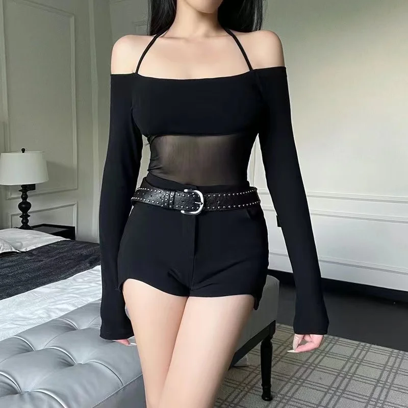 

Mesh Splicing Long Sleeve T Shirt Sexy Off Shoulder Skinny Top Women Streetwear Crop Top Autumn Solid Fashion T-shirts Black Y2k