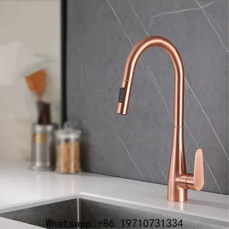 

Kitchen Sink Faucet Brush Rose Gold Pull Out Sink Mixer Tap Rotation 304 SUS Mixer Taps Single Lever Hot Cold Kitchen Tap