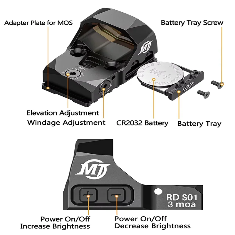 피스톨 옵틱스용 스코프 레드 닷 사이트, 리플렉스 조준기, 쉐이크 모션 어웨이크, GL MOS 및 피카티니 레일용 어댑터 포함, 3 MOA 옵트