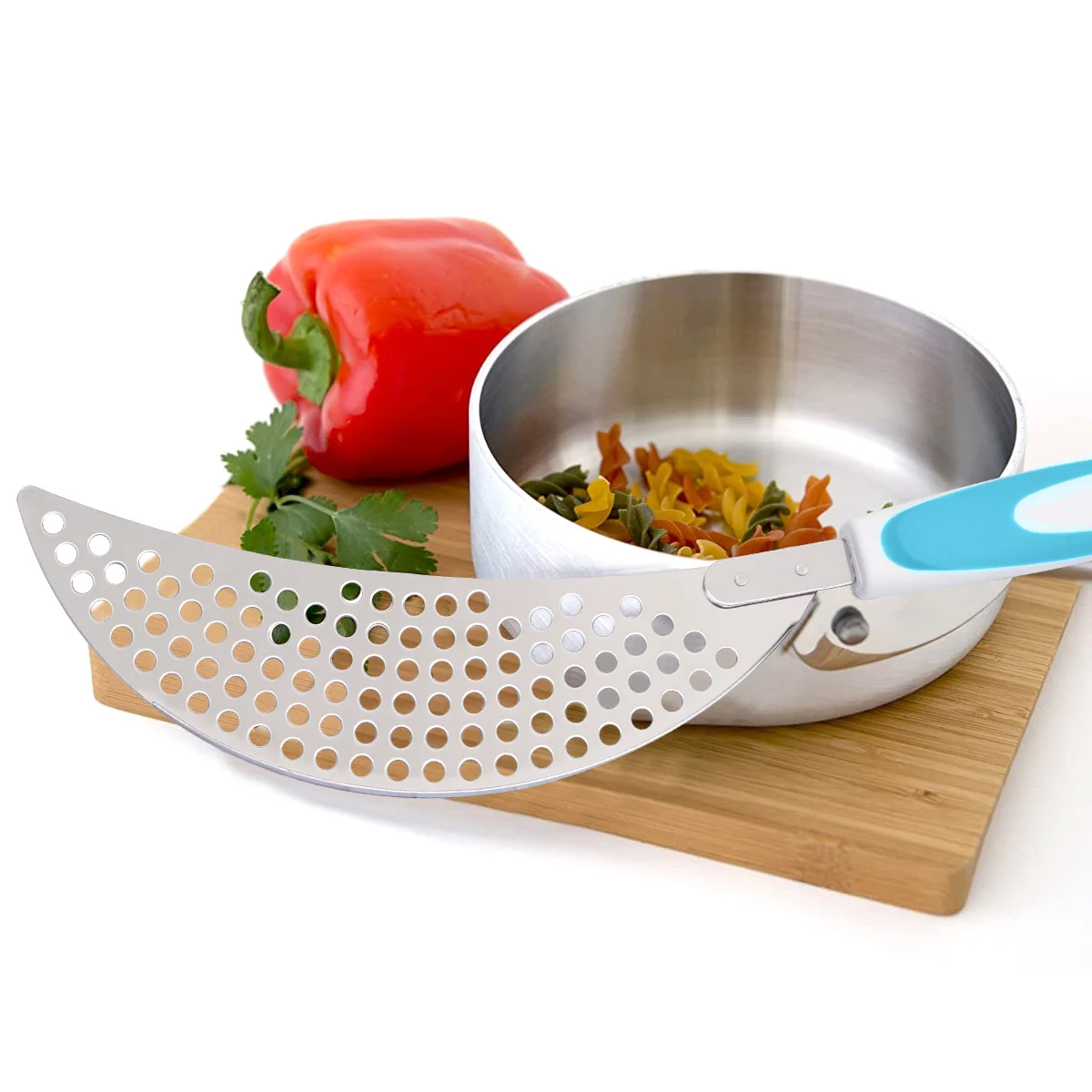 

1pc Stainless Steel Drainer For Pasta Rice Kitchen Tool Plastic Handle Hanging Hole Pot Pan Strainer Stainless Steel