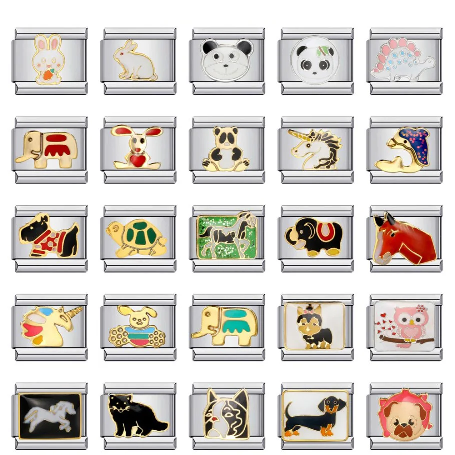 Trendy Glaze Animals Horse Dog Panda Bear Elephant unicorn Italian Charm Bracelets Fit 9mm Stainless Steel Jewelry DIY Making