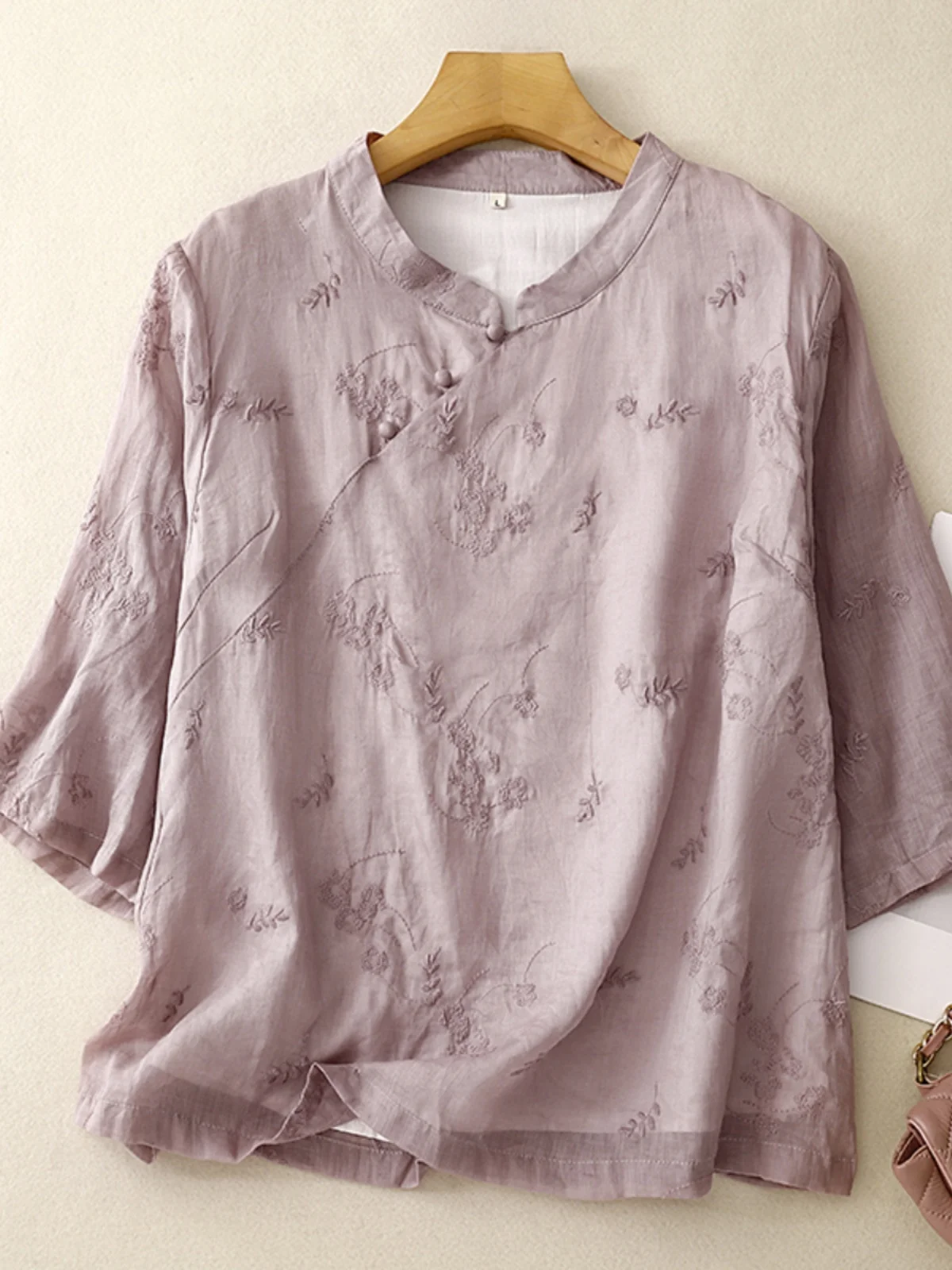 

New Chinese Sle Reformed Silk irt with Embroidery Asymmetrical Slanting Chest And Stand Collar mid Sve Top