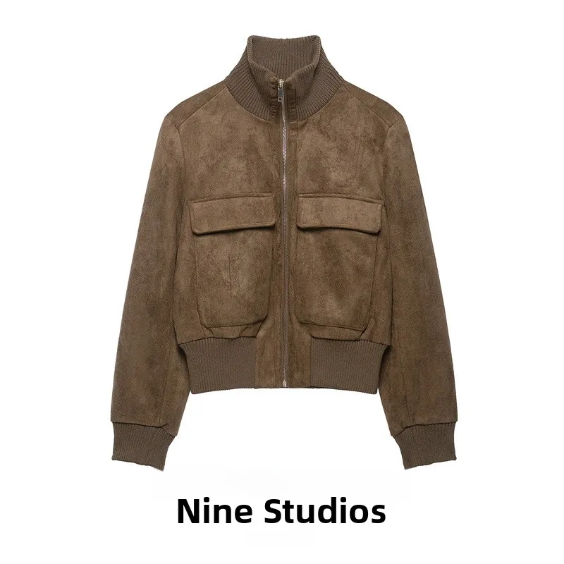 NINE ZAR Women's Velvet Texture Pilot Jacket Coat with Large Pocket Design Short Outerwear Standard Fit Long Sleeve Zipper Cl...