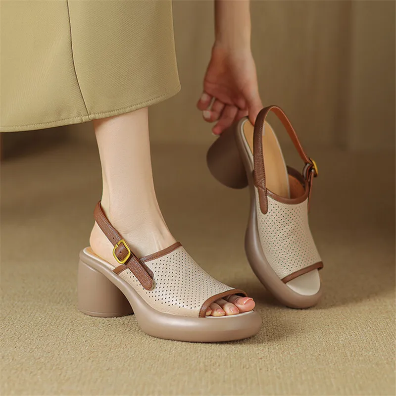 Sheepskin Summer Sandals Open Toe Hollow Out High Heel Sandals for Women Platform Shoes Chunky Heel Shoes Fish Billed Sandals