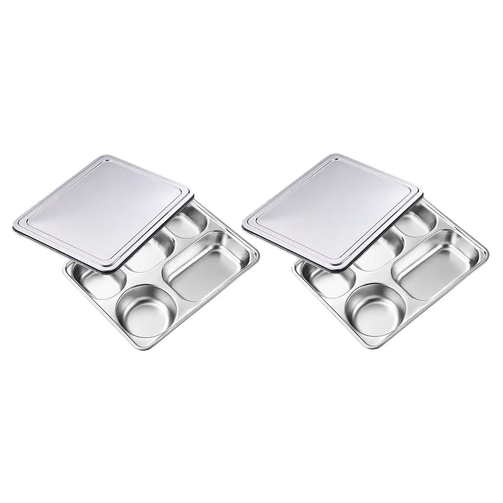 

2 Sets Stainless Steel Grid Fast Food Plate Storage Divided Serving Holder Lunch Tray with Lid Dinner Dinnerware Thicken