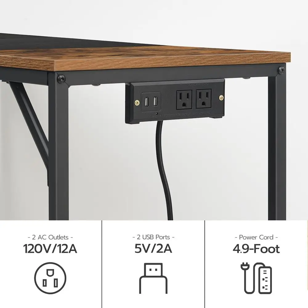 Modern Rustic Brown & Black Home Office Desk with Power Outlet and 3 Hooks for Easy Assembly