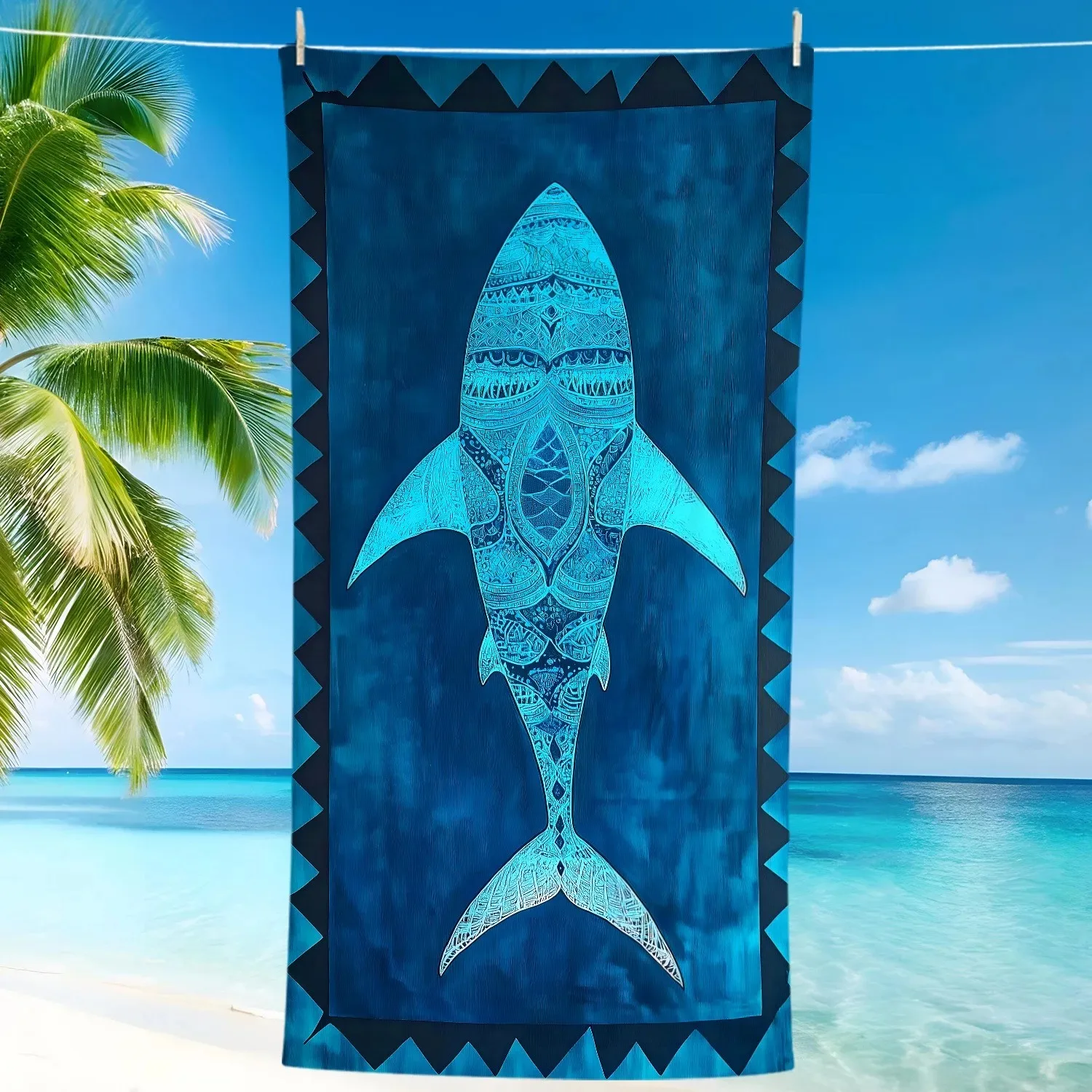 

Tribal Shark Beach Towel, Boho Ocean Mandala Print, Quick Dry Soft Towel for Beach & Pool Absorbent Oversized Bath Towel