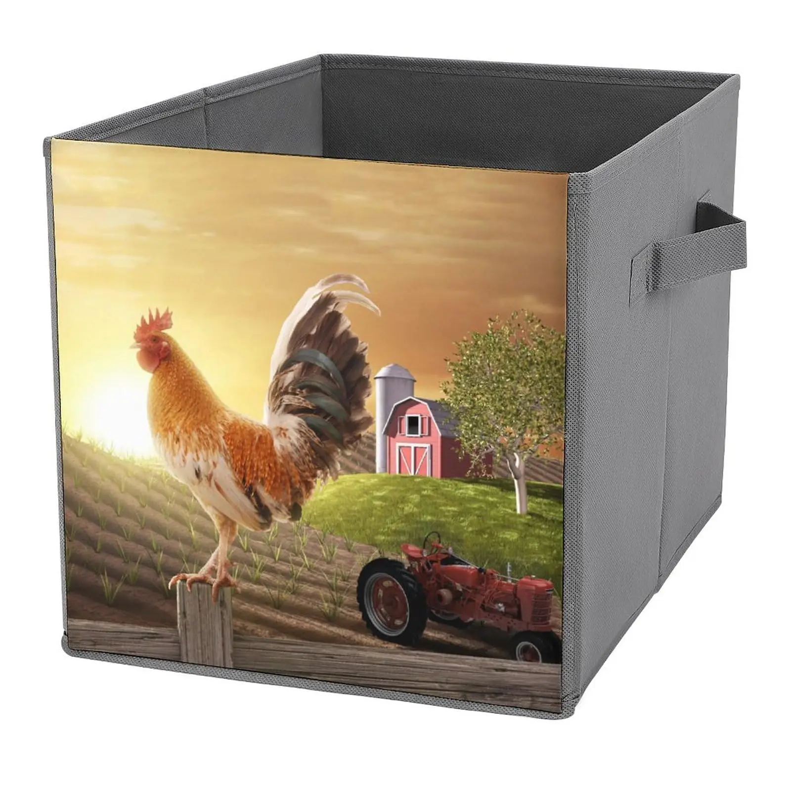 Sunrise Rooster Farm Folding Storage Bins Collapsible Cubes Organizer Case Cloth Blanket Box with Handles for Home Living Room