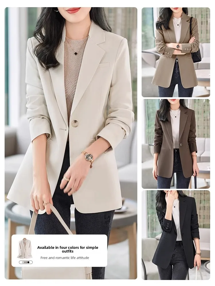 Beige Casual Women's Suit Jacket Spring Autumn New Style Korean Version Age Reduction Small Size Winter Fashion Polyester Fiber