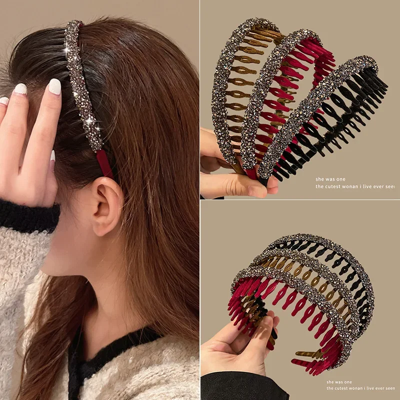 Japanese and Korean Acrylic Velvet Rhinestone Women's Sweet Headband Girl's Fashionable New Pressing Method Fixed Hair Accessori