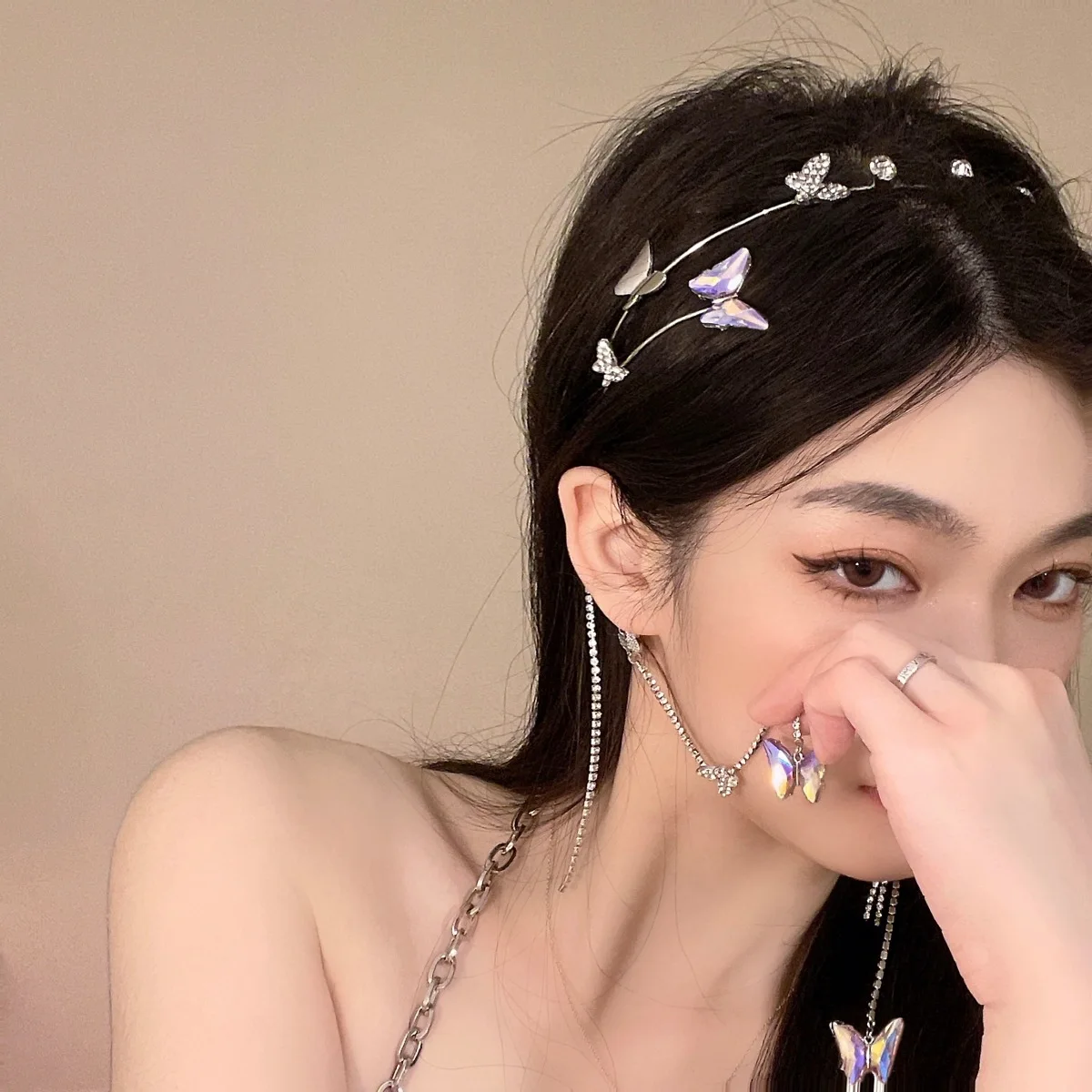 Korean Fashion Kpop Rhinestone Headband Hair Accessories Women Butterfly Crystal Pearl Tassel Dangle Hair Hoop Headdress Jewelry