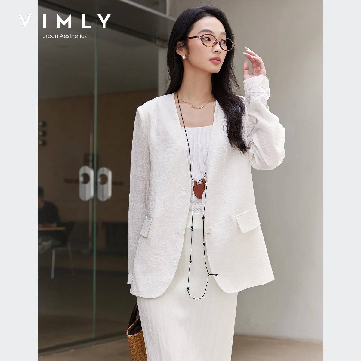 VIMLY French Blazer for Woman 2026 Autumn Casual V-neck Women's Elegant Jacket Loose Tailored Ladies Coats Female Clothing A0511