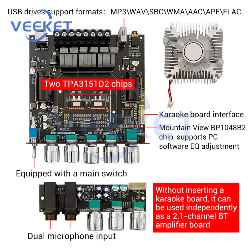 YS-AS21 2*220W+350W 2.1 Channel BT Digital Power Amplifier Board TPA3251 AMP Subwoofer Treble Bass Tone Audio APP USB Function