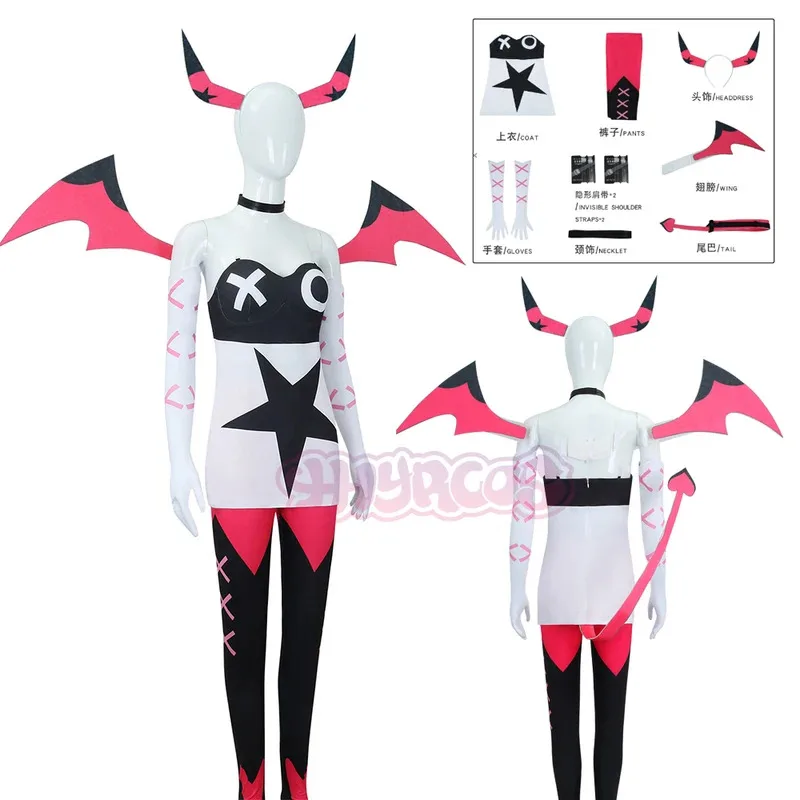 

Anime Hotel Helluva Boss Verosika Mayday Cosplay Costume Women Red Horn Headband Hairpin Prop Halloween Headwear Wings and tails