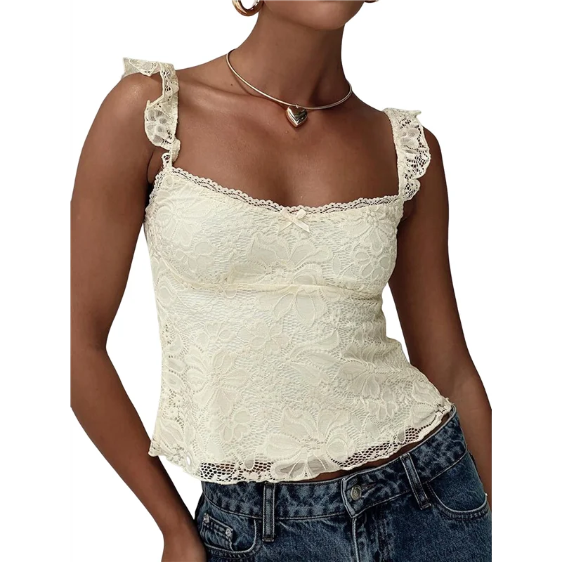Women Lace Babydoll Tank Top Cap Sleeve See Throught Y2k Summer Going Out Crop Tops