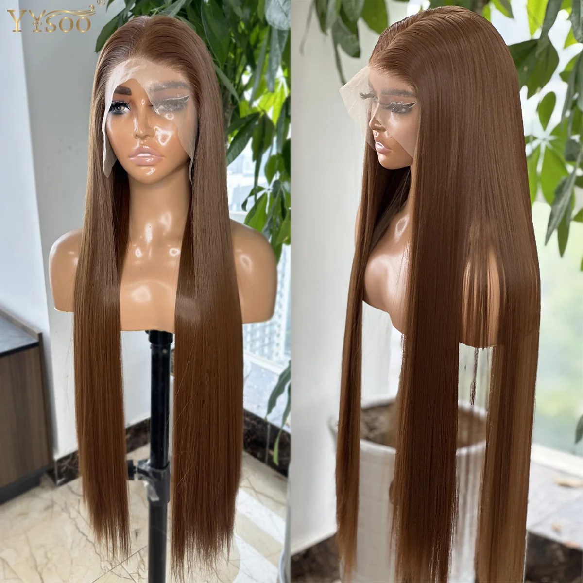 

YYsoo Long 30Inch 30# Brown Silky Straight Futura Synthetic 13x6 Glueless Lace Front Wigs For Black Women Pre Plucked Hairline