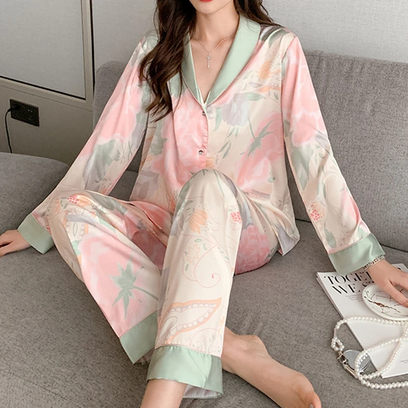 Women\'s Autumn Winter Pajamas Faux Silk Satin Pijamas Long Sleeve Long Pants Thin Sleepwear Lapel Pyjamas Female Nightwear