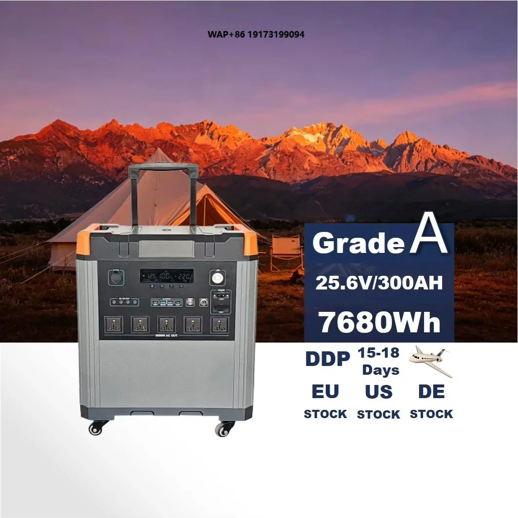 Portable Station 300Ah 7680Wh LiFePO4 Pure Sine Wave Inverter Solar MPPT Controller 5000W External Battery Solar Panel Car Jump