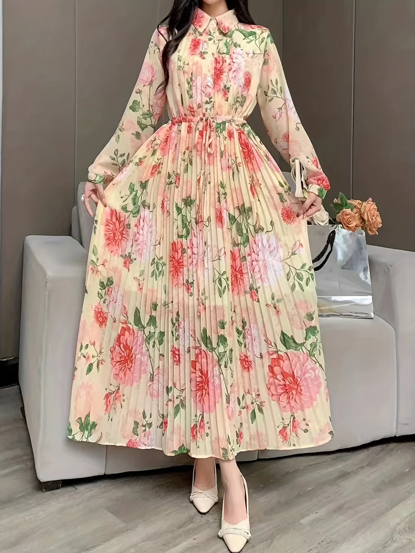 

Платье с цветочным принтом на талии, элегантное плиссированное платье до щиколотки с длинным рукавом для весны и осени, женская одежда