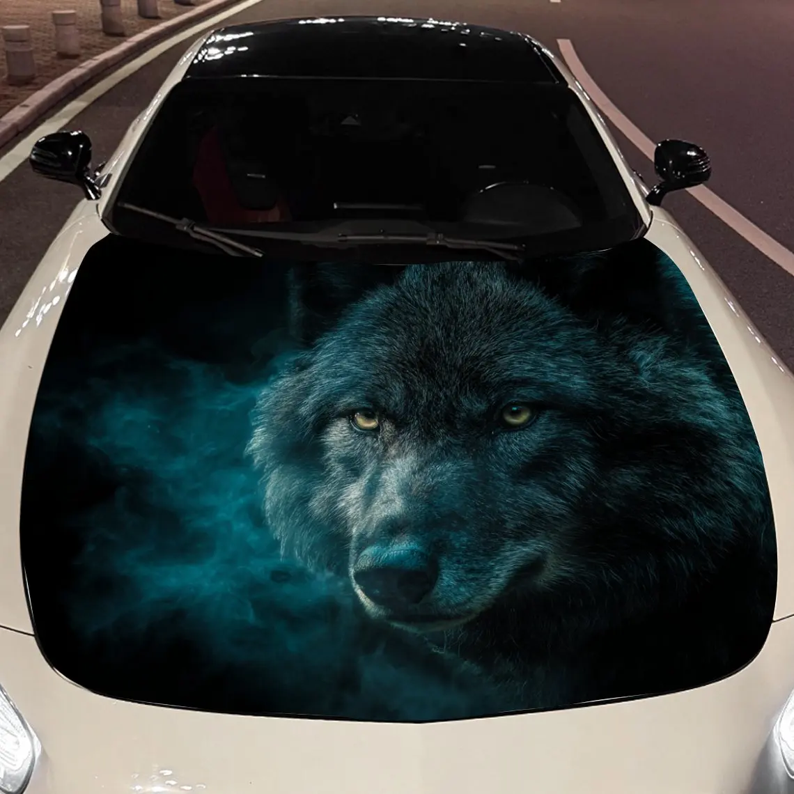 Car Decals Wolves with Thick Fur, Attentive Expressions, and a Teal - Hued Misty Backdrop Car Hood Sticker, Waterproof Self - Ad
