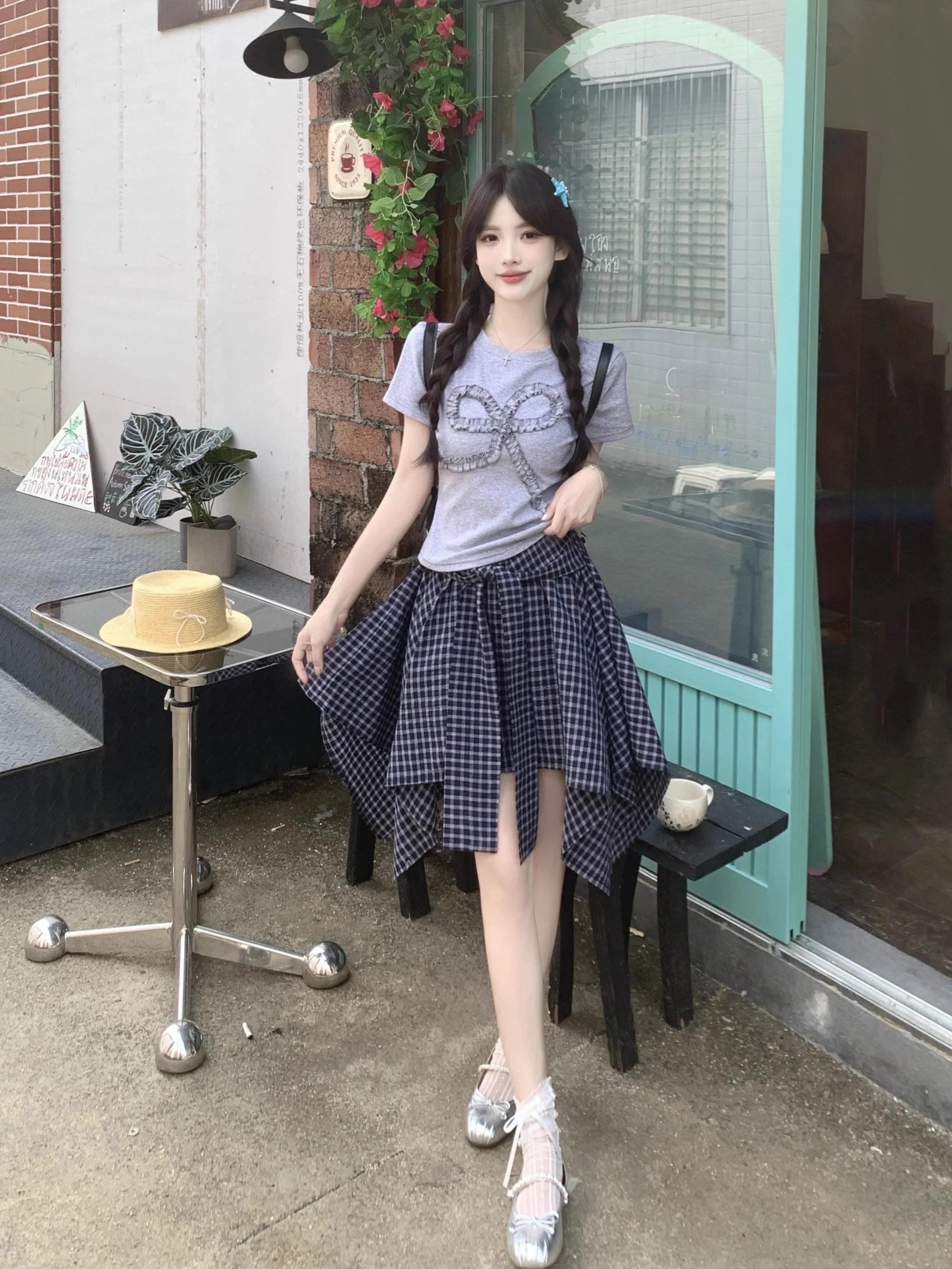 韓国 Sle Knot ort Sve T-irt レディース 不均等チェック柄 f スカート プラスサイズ Faionable 痩身 2 点セット