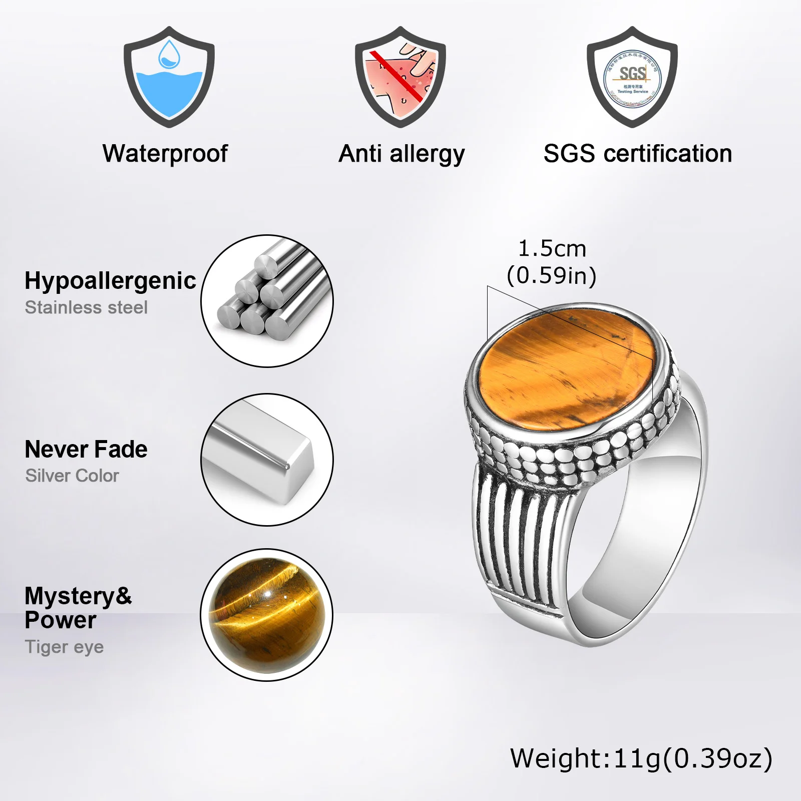 Vnox Tiger Eye Stone Round Top Finger Band for Men Boys, Stainless Steel Signet Ring, Chunky Male Punk Ring Jewelry