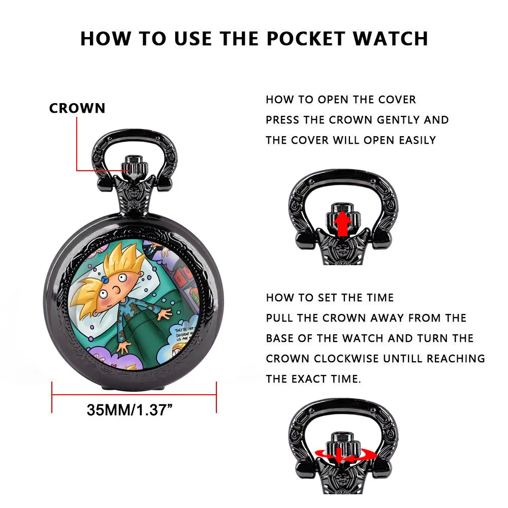 Vintage Cartoon Glass Dome Quartz Pocket Watch With Durable Chain Arabic Numeral Dial Extraordinary Gifts for Kids