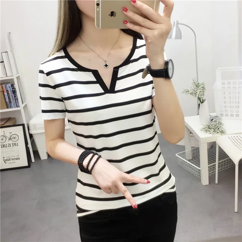 NICE Loose Fit Large Size Women's T-shirt Short Sleeve V-Neck Striped Base Shirt Comfortable Elastic Summer Top Female Fashion