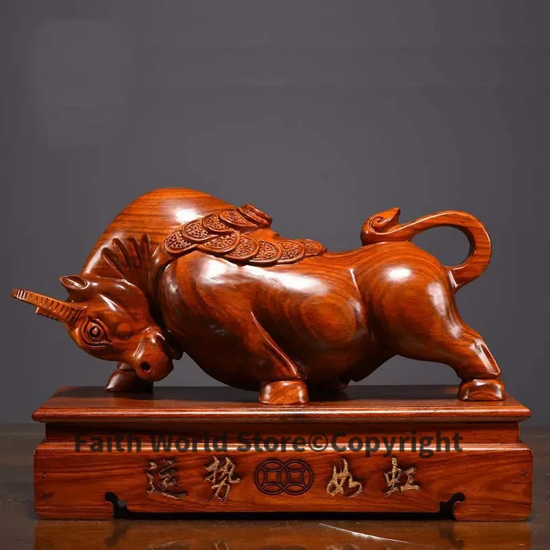 40cm Large HOME SHOP Company Business stock market GOOD LUCK Talisman Money Drawing money Bull Rosewood HAND carving art statue