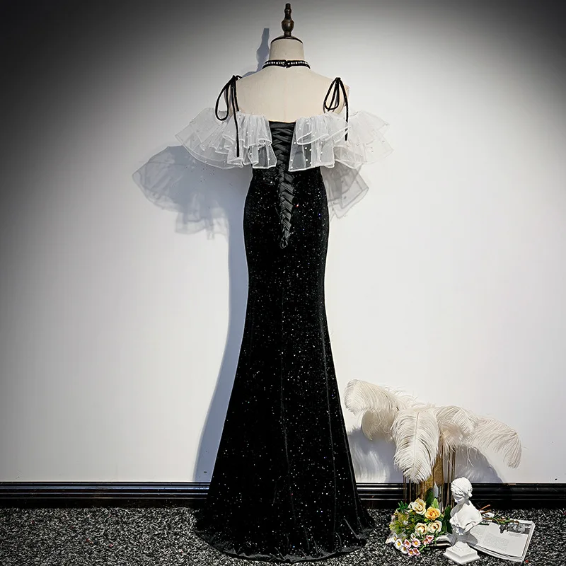 ライト高級女性のイブニングドレスエレガントなスパゲッティストラップフリルオフショルダースパンコールパーティーウエディングドレス女性宴会 Vestido