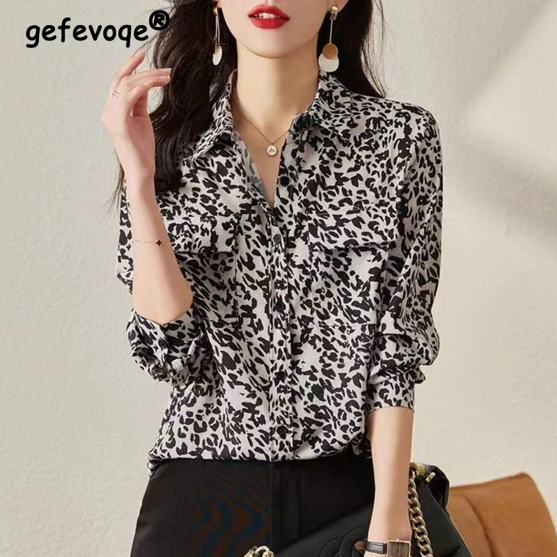 2023 Spring Autumn New Fashion Leopard Print Chic Street Button Up Shirts Casual Simple Long Sleeve Loose Tops Blouses for Women