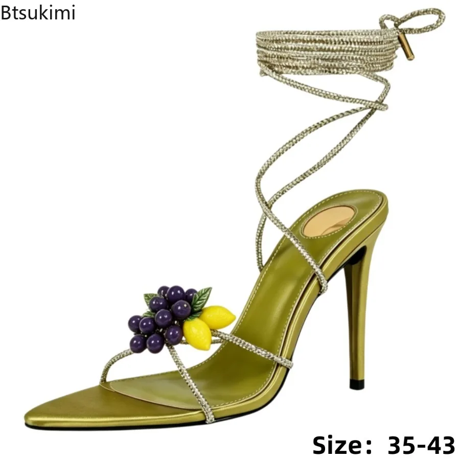 New Fruit Pendant Strappy Open Toe Olive Stiletto Sandals Woman Summer Crisscross Straps Ankle Wrap Party Wedding High Heels