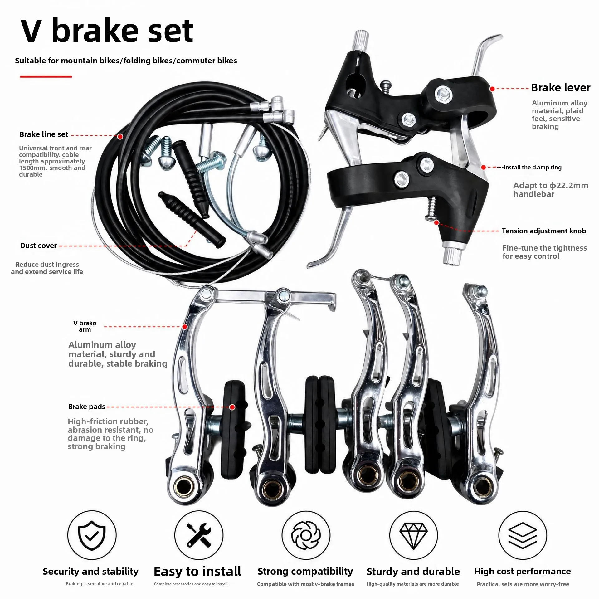 Bicycle V Brake Lever Half Aluminum Alloy Mountain Bike Brake Handle with Brake Cable 1290