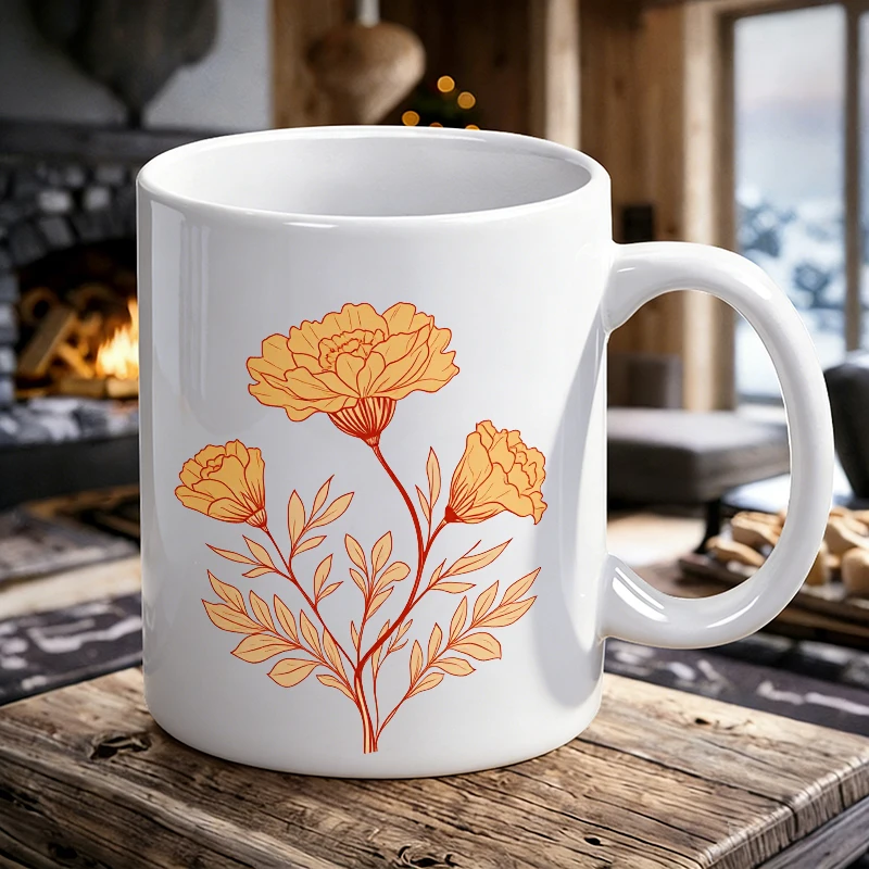 

Mexican Marigold Line Art Ceramic Mug Cinco de Mayo Floral Coffee Cup, milk cup, office cup, gift for friends, fade-resistant