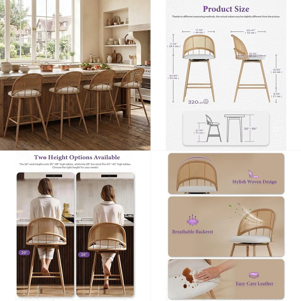 

26 BarStools Set of 4 w Rattan Backrest, Swivel Counter Height Bar stools w Metal Legs, Modern MidCentury Boho Bar stools with