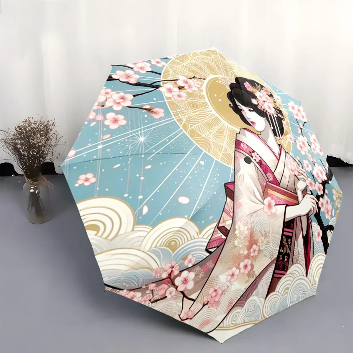 Elegant Woman in Kimono with Sakura and Golden Sun portable waterproof sun rain umbrella for outdoor travel beach