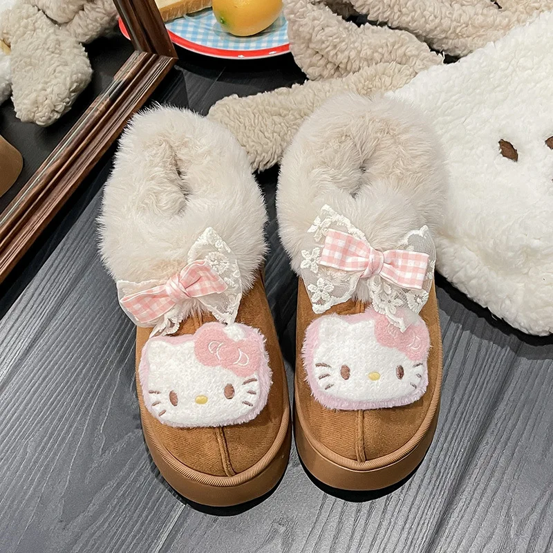 أحذية أطفال كاجوال أحذية الثلوج القطن مرحبا كيتي الشتاء أحذية مسطحة القاع للأطفال الدفء المضادة للانزلاق الوردي البني حجم 35-40