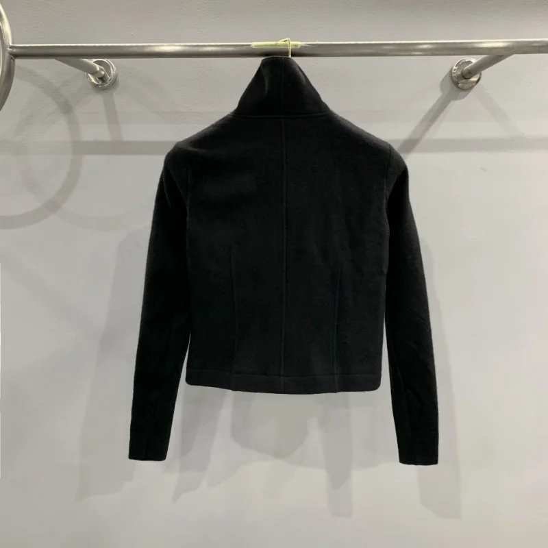 Women Wool Blends Dark Girls Diagonal Zipper Short Jacket Splicing Coat Black Pockets Autumn Winter Clothing Slim Tops Office