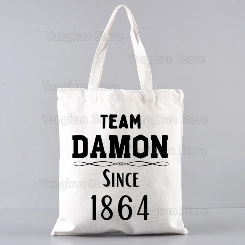 Sac à provisions en toile Damon Salvatore pour femme, The Vampire Diaries, fourre-tout, cuillère à soupe Cartoon, Shopper, Chronfurniture, Vampiricas Initiated Bags