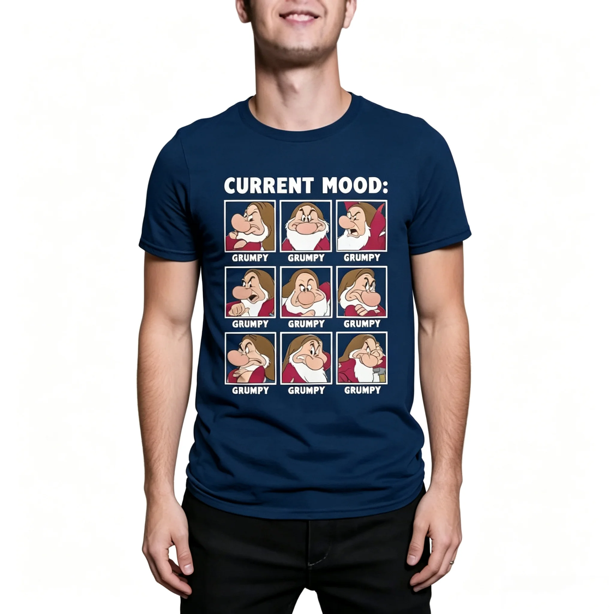 Cotton  100% Men Funny Grumpy Dwarf Current Mood Graphic T‑Shirt Cartoon Humor Print Tee Casual Short Sleeve Summer Daily Tops
