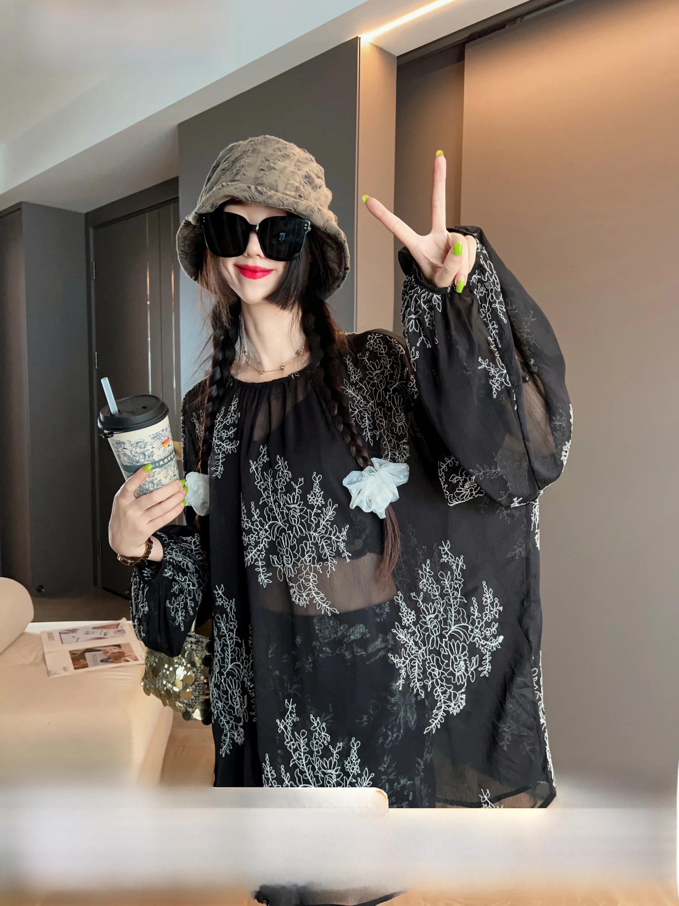 

Новая женская винтажная блузка Ele с длинным рукавом, летняя коллекция 2025, свободный крой, повседневная, с защитой от солнца, для работы, с круглым вырезом