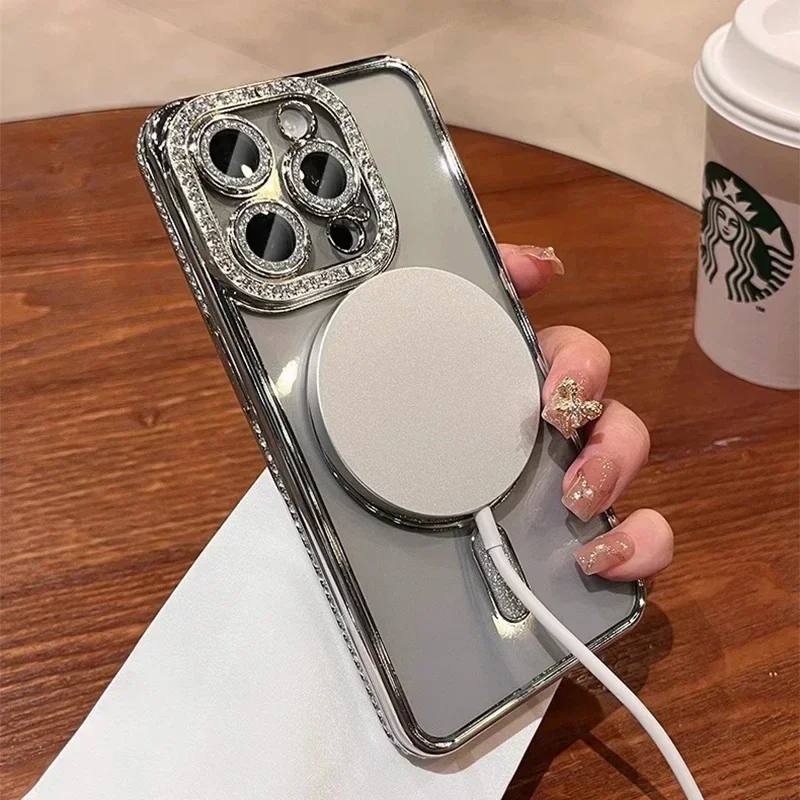 Nueva funda transparente con brillantina y diamantes para iPhone 17 16 15 14 13 11 12 Pro Max con carga inalámbrica magnética 3