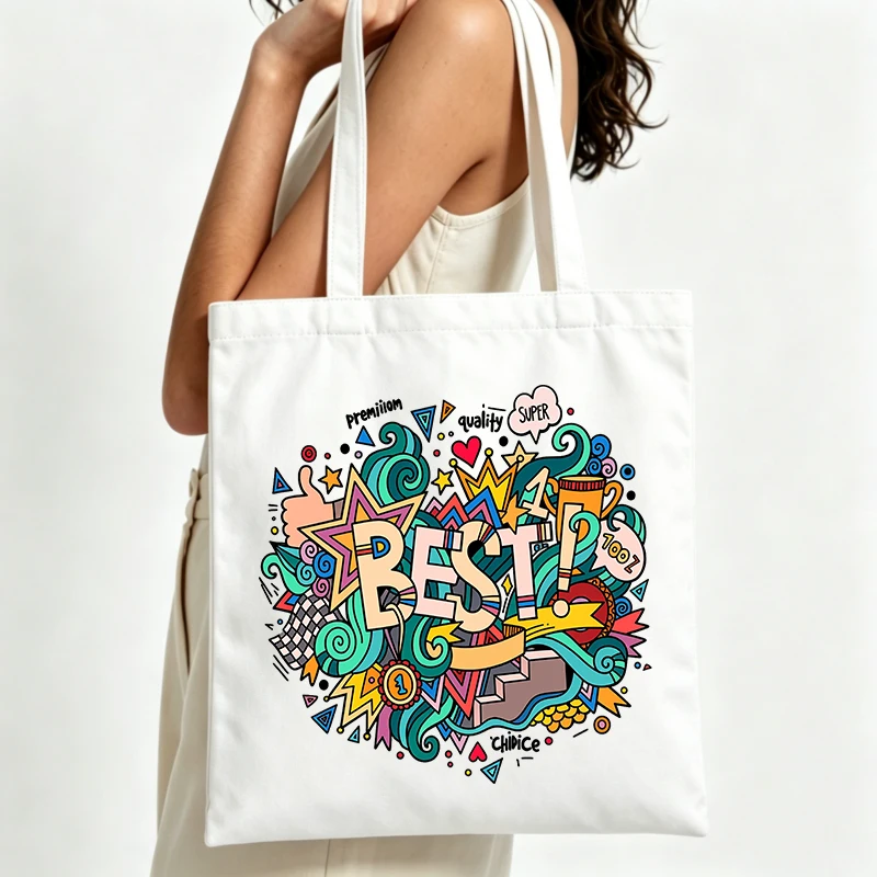 abstract graphic canvas tote bag with artistic print, ideal for daily shopping and casual outings