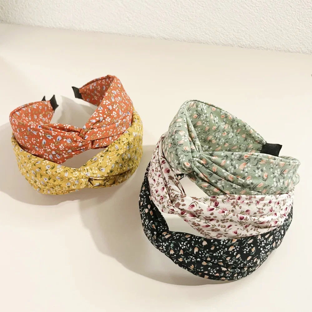 Diadema cruzada Floral bohemia, bandas anchas, aro para el pelo, herramienta de estilismo, tela Vintage, estampado de flores, accesorio de verano para mujer