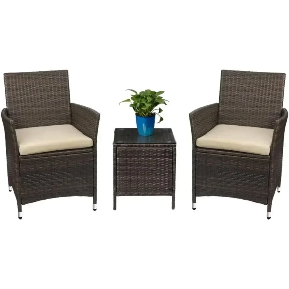 Patio Porch Furniture Sets 3 Pieces PE Rattan Wicker Chairs with Table Outdoor Garden Furniture Sets (Brown/Beige)