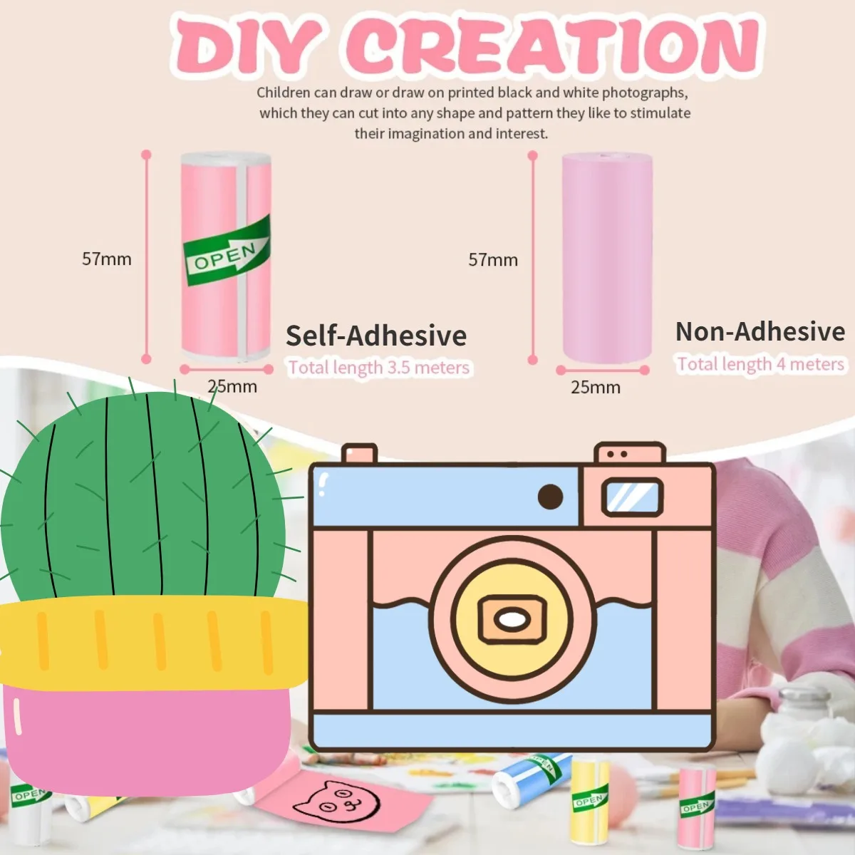 Papier thermique auto-adhésif multicolore 57x25 mm – Sans BPA pour scrapbooking/agenda/bureau, phomemo/imprimantes portables