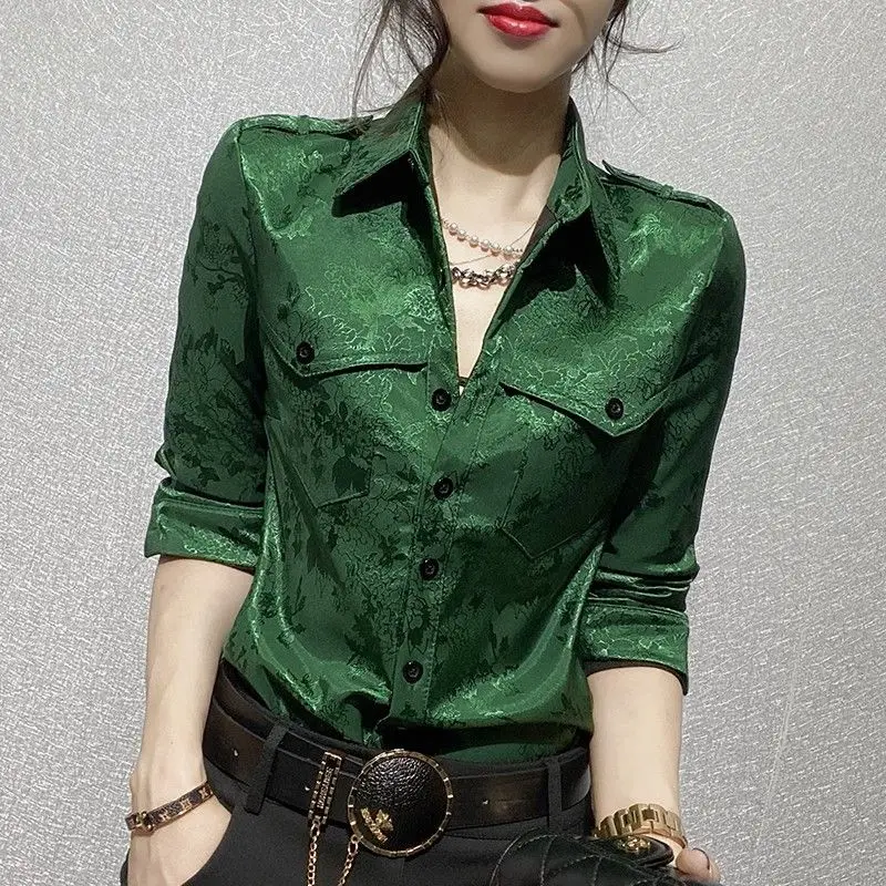 2024 Spring Autumn New Satin Blouse Korean Commute Women\'s Solid Spliced Polo Collar Button Slim Button Long Sleeve Casual Shirt